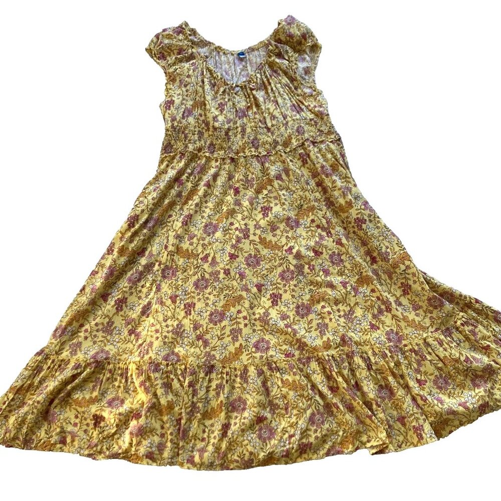 Old Navy Maxi Dress Women XXL Yellow Floral Smocked Ruffle Peasant Boho Cottage
